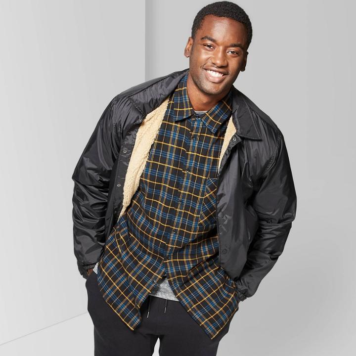 Men's Big & Tall Casual Fit Sherpa Lined Snap Front Coat Jacket - Original Use Black