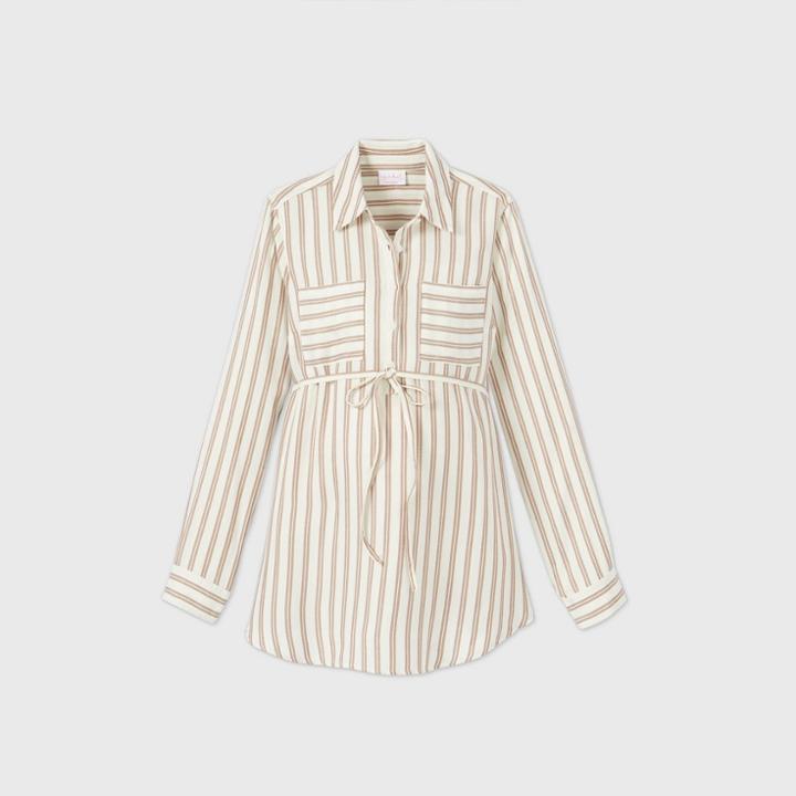 Maternity Striped Long Sleeve Woven Popover Tunic - Isabel Maternity By Ingrid & Isabel Cream/brown Xs, Brown/ivory