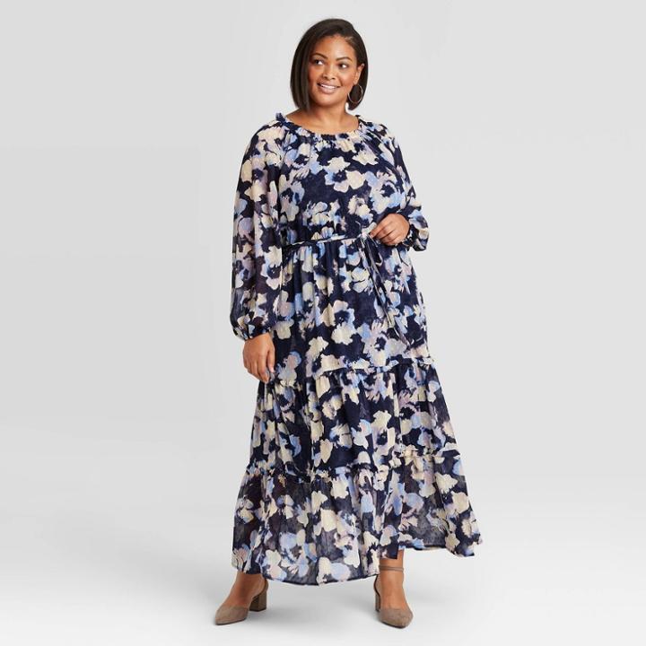 Women's Plus Size Floral Print Long Sleeve Tiered Dress - Ava & Viv Navy X, Blue