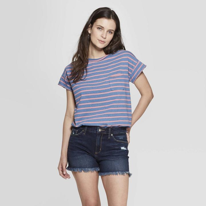 Women's Striped Short Sleeve Crew Neck Hem Relaxed T-shirt - Universal Thread Coral