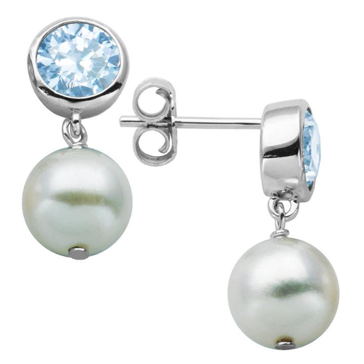 Prime Art & Jewel Sterling Silver Genuine White Pearl And Bezel Set Lab Created Aquamarine Post Earrings, Girl's, Silver/aquamarine