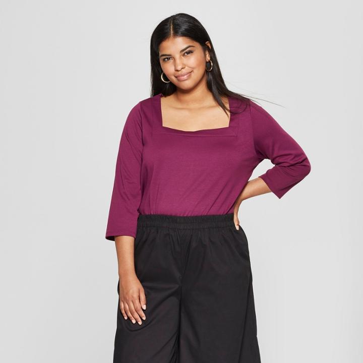 Women's Plus Size 3/4 Sleeve Square Neck Top - Who What Wear Plum (purple) X