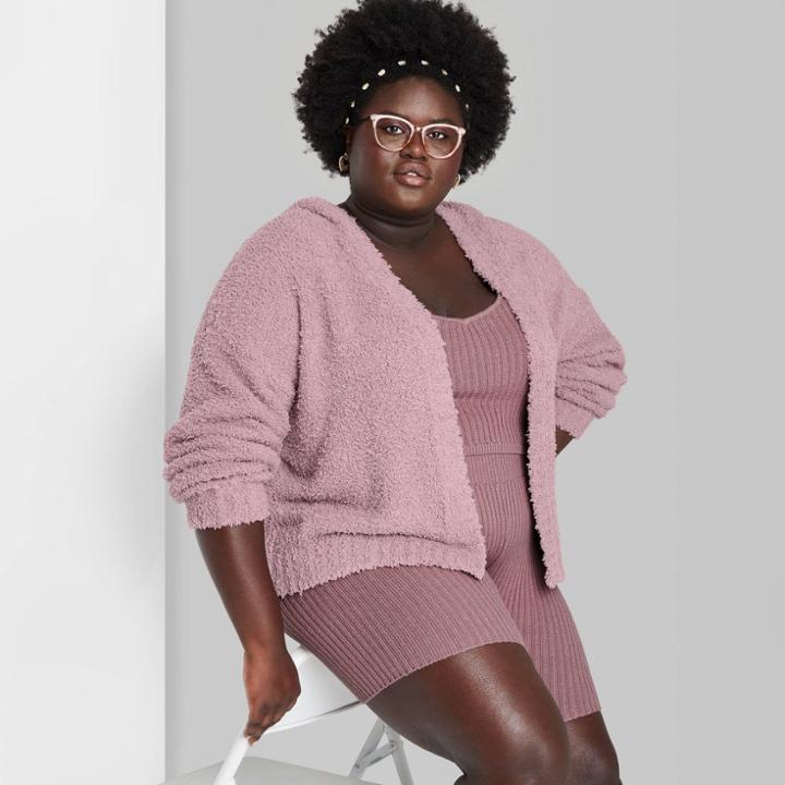 Women's Plus Size Fuzzy Open Hooded Cardigan - Wild Fable