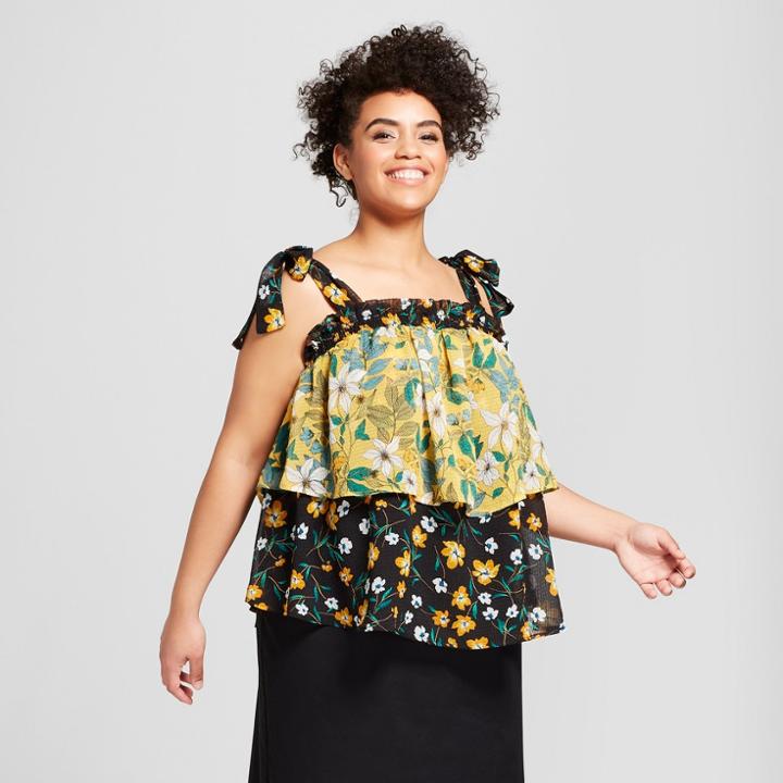 Women's Plus Size Floral Print Flowy Tiered Tank Top - Who What Wear Yellow/black X