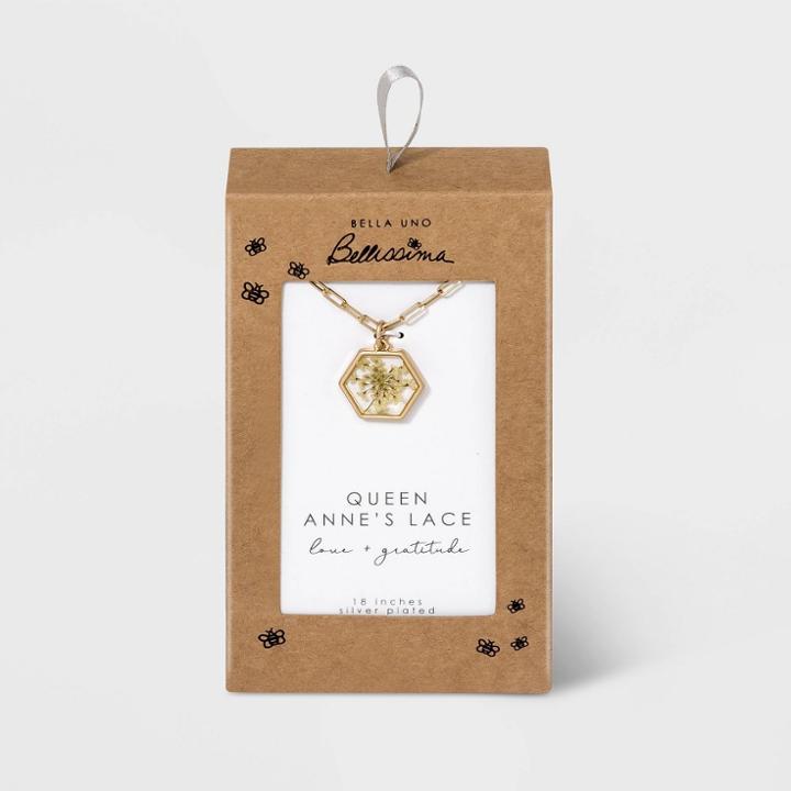 Bella Uno Bellissima Silver Plated White Queen Anne's Lace Pressed Flower Hexagon Necklace - Gold