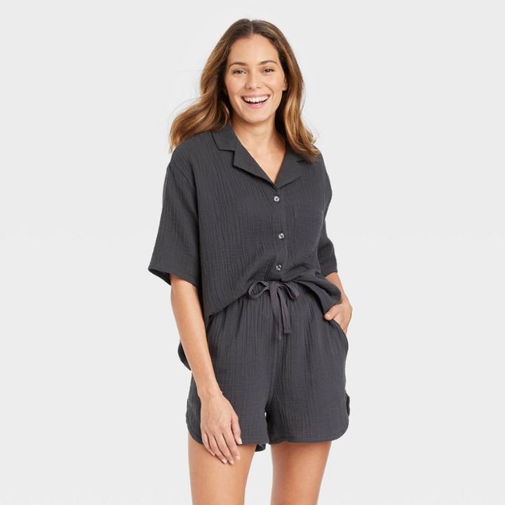 Women's 100% Cotton Short Sleeve Notch Collar Pajama Top - Stars Above Charcoal Gray