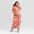 Maternity Floral Print Short Sleeve Knit Wrap Ruffle Maxi Dress - Isabel Maternity By Ingrid & Isabel Red