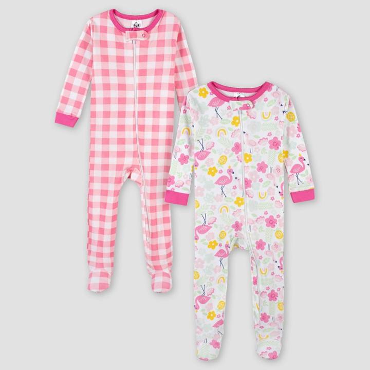 Gerber Baby Girls' 2pk Flamingo Snug Fit Footed Pajama - White/pink