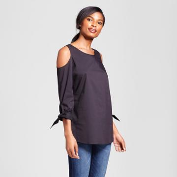 Women's Cold Shoulder Blouse With Tie Sleeve - Zac & Rachel - Black