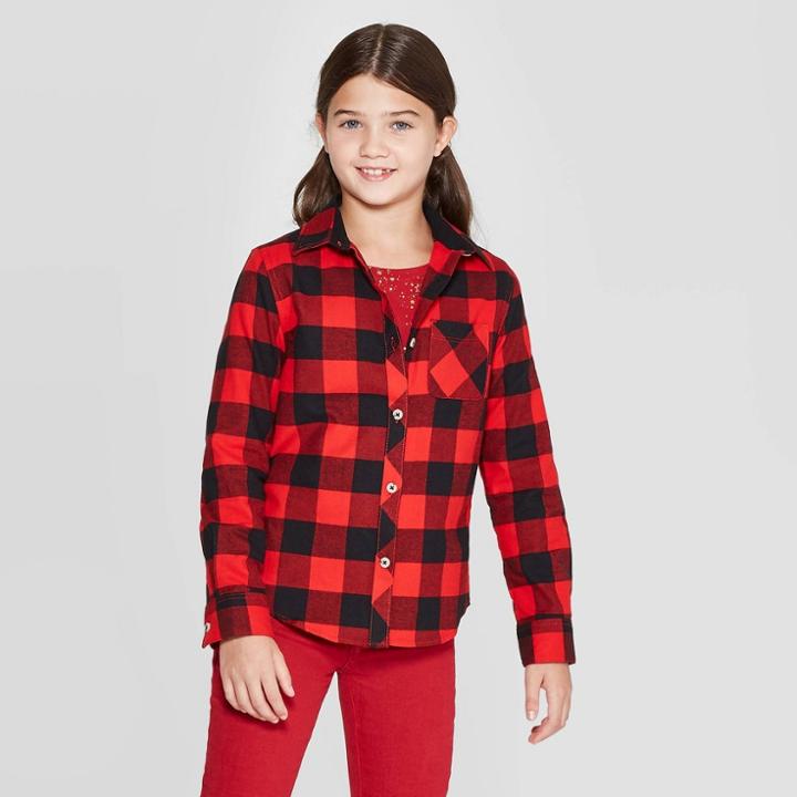 Girls' Woven Button-down Shirt - Cat & Jack Red Plaid
