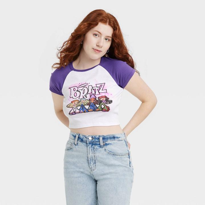 Women's Bratz Ringer Short Sleeve Cropped Graphic T-shirt - White