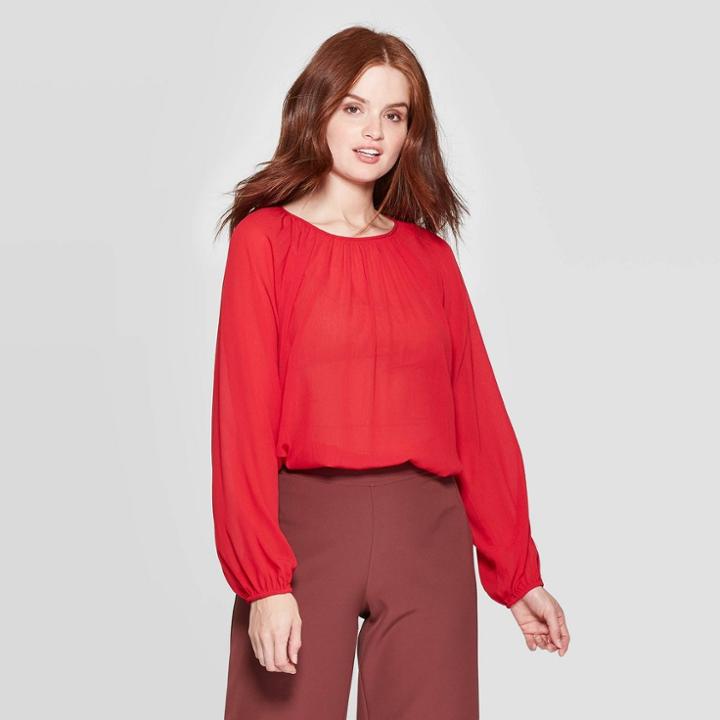 Women's Bishop Long Shirred Tie Crew Neck Blouse - Prologue Red