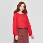 Women's Bishop Long Shirred Tie Crew Neck Blouse - Prologue Red