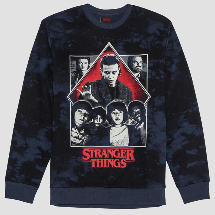Men's Long Sleeve Stranger Things Stranger Cast Fleece Hooded Pullover Sweatshirt - Navy