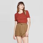 Women's Short Sleeve Henley Neck Rib T-shirt - A New Day Brown