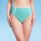 Women's Terry Textured Solid High Waist High Leg Bikini Bottom - Kona Sol Turquoise Blue
