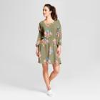 Women's Floral Long Sleeve Crepe Dress - A New Day Olive