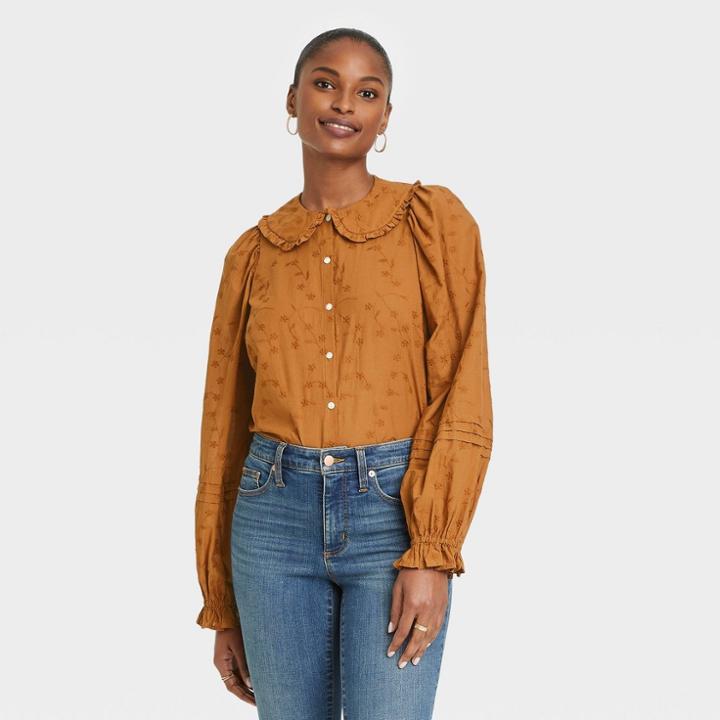 Women's Balloon Long Sleeve Button-down Shirt - Universal Thread Brown
