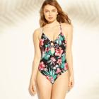 Women's Tie Front Scoop Back One Piece Swimsuit - Shade & Shore Black Tropical