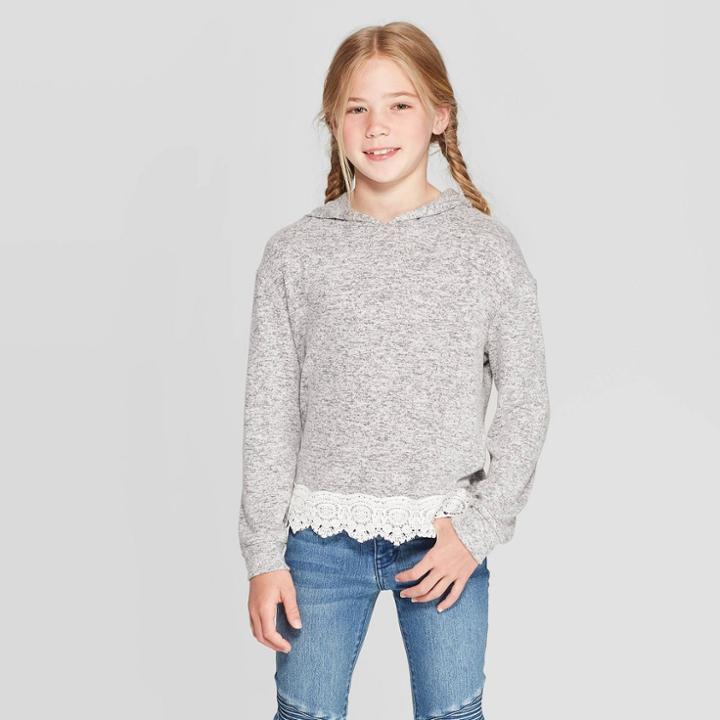 Girls' Lace Hem Hoodie - Art Class Gray