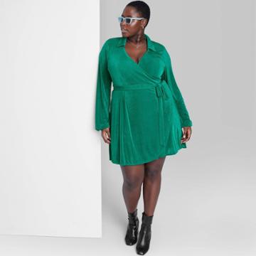 Women's Plus Size Balloon Long Sleeve Wrap Dress - Wild Fable Dark Teal Green