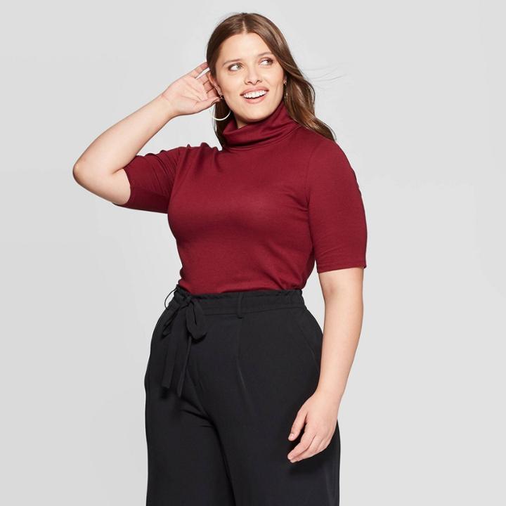 Women's Plus Size Elbow Sleeve Turtleneck T-shirt - Ava & Viv Burgundy 2x,