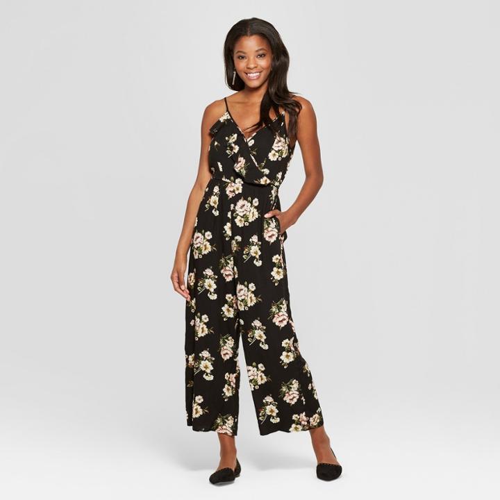 Women's Floral Print Strappy Ruffle Wrap Jumpsuit - Xhilaration Black Rust