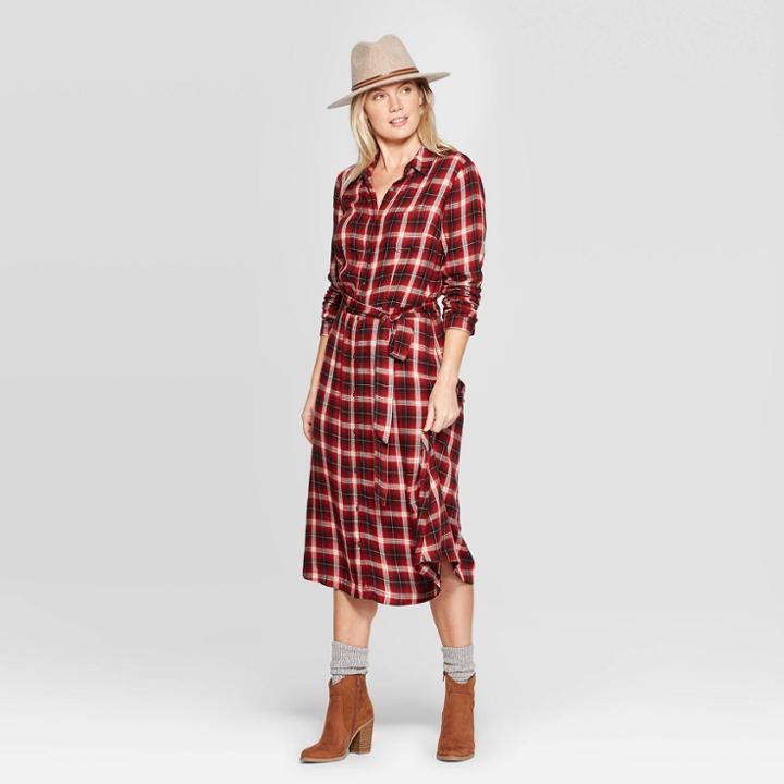 Women's Plaid Long Sleeve Midi Shirtdress With Tie Belt - Universal Thread Red M, Women's,