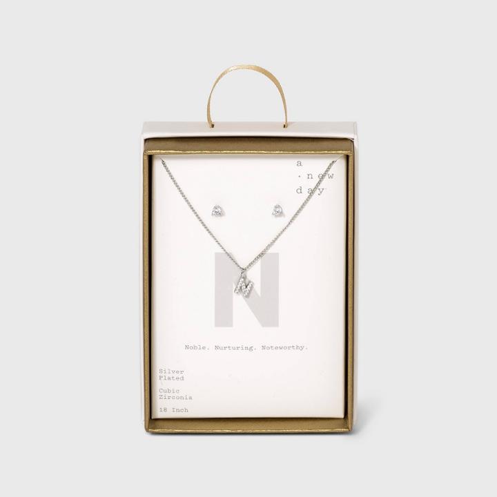 Silver Plated Cubic Zirconia Pave Initial Pendant Necklace And Earring Set - A New Day Initial N