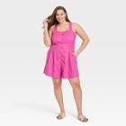 Women's Plus Size Sleeveless Crossback Linen Romper Dress - A New Day Pink