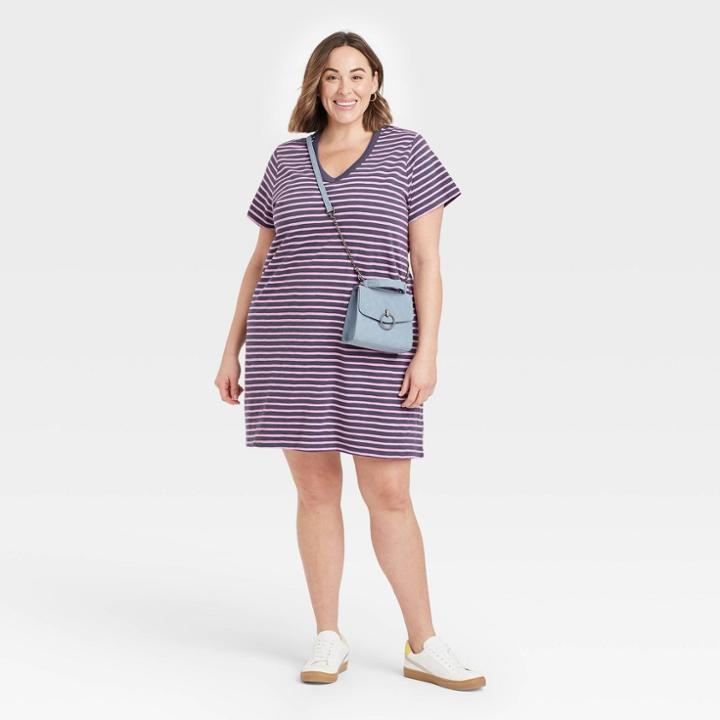 Women's Plus Size Striped Short Sleeve T-shirt Dress - Universal Thread Purple