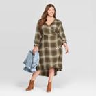 Women's Plus Size Plaid Long Sleeve V-neck Midi Wrap Dress - Universal Thread Green