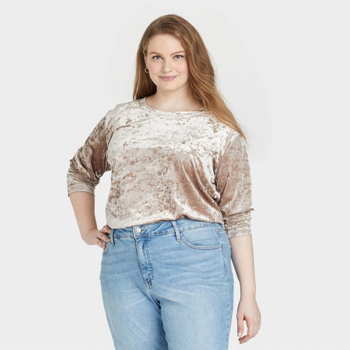 Women's Plus Size Long Sleeve Velvet Cropped Top - Ava & Viv Gray