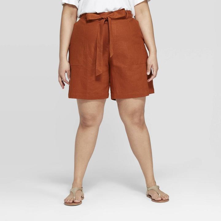 Women's Plus Size Linen Tie Waist Shorts - Ava & Viv Brown