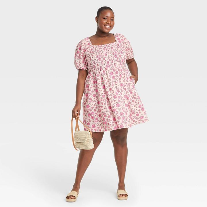 Women's Plus Size Floral Print Puff Elbow Sleeve Smocked Dress - Universal Thread Cream
