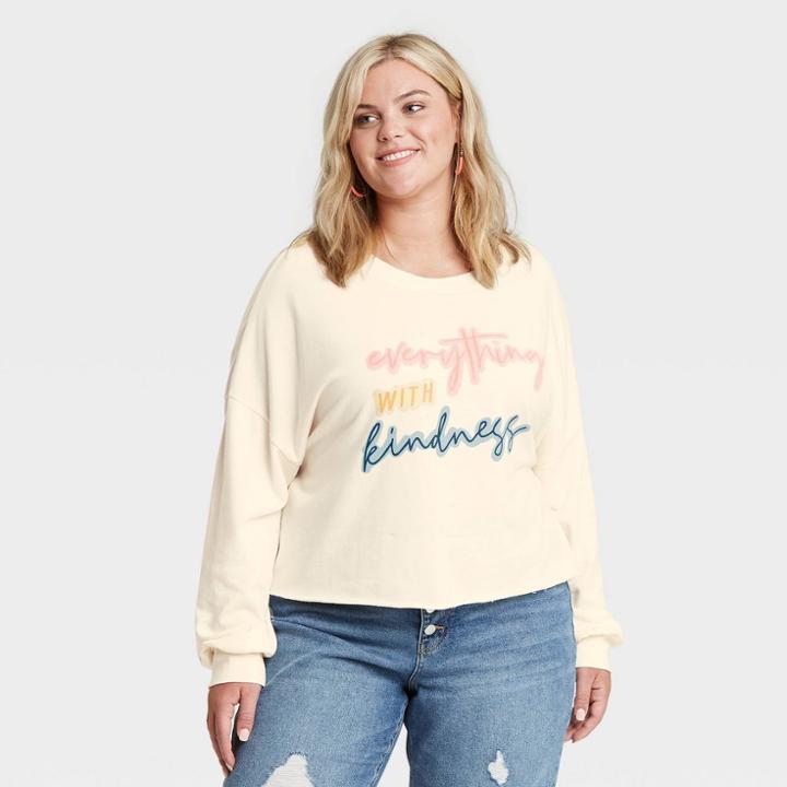 Grayson Threads Women's Plus Size Conquer With Kindness Cropped Graphic Sweatshirt - Cream