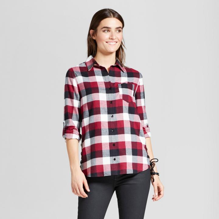 Women's Long Sleeve Plaid Side Lace-up Shirt - Alison Andrews Red/black
