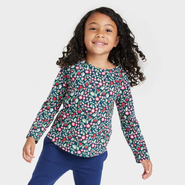 Toddler Girls' Long Sleeve Floral Shirt - Cat & Jack Green
