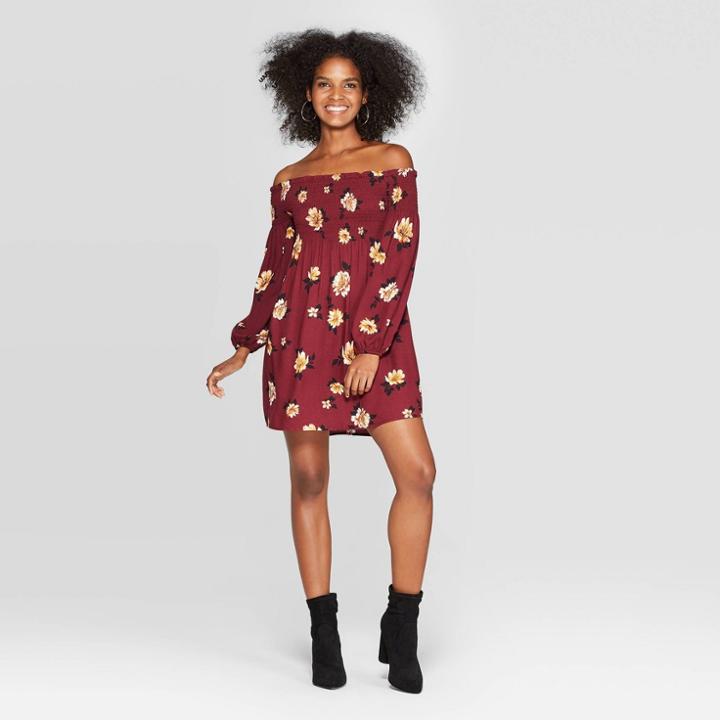 Women's Floral Print Long Sleeve Smocked Top Off The Shoulder Mini Dress - Xhilaration Burgundy Xs, Women's, Red