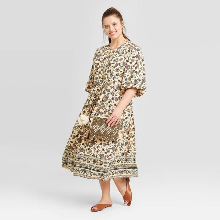 Women's Plus Size Floral Print Long Sleeve V-neck Midi Dress - Universal Thread Cream 1x, Women's, Size:
