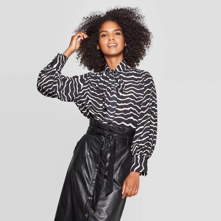 Women's Animal Print Long Sleeve Collared Drapey Tie Neck Blouse - Who What Wear Black M,