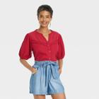 Women's Balloon Short Sleeve Button-front Textured Top - Knox Rose Red