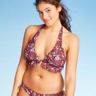 Women's Tie Front Ruffle Triangle Bikini Top - Xhilaration Burgundy Floral Print D/dd, Women's, Red