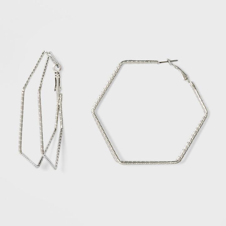 Target Textured Hexagon Shape Hoop Earrings - Rhodium, Dark