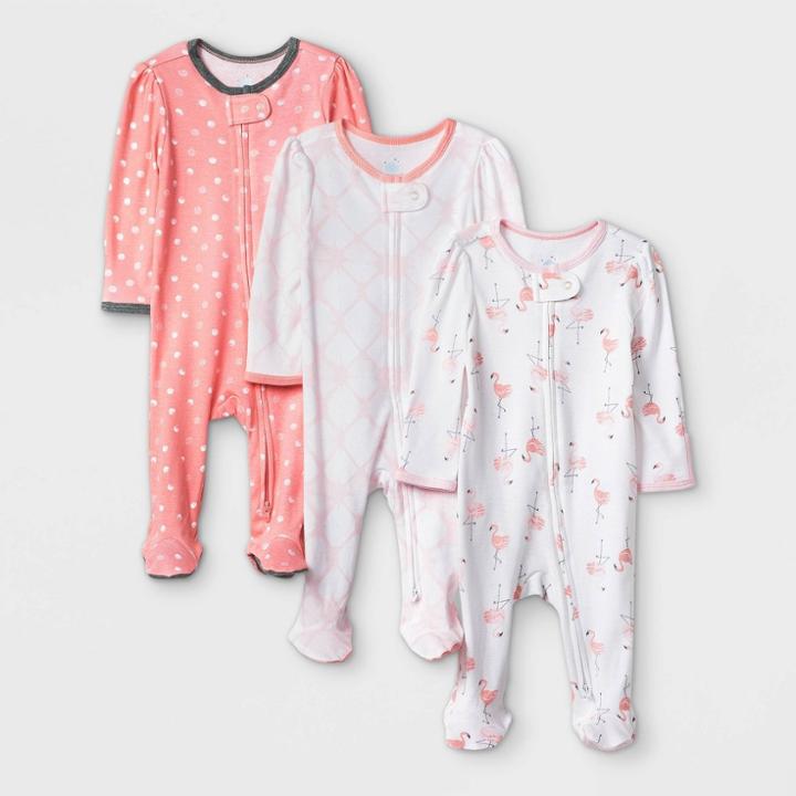 Baby Girls' 3pk Flamingo Zip-up Sleep N' Play - Cloud Island Coral/white