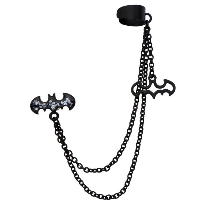 Dc Comics Batman Stainless Steel Logo Cut Out And Double Chain Ear Cuff, Women's, Black