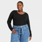 Women's Plus Size Scoop Neck Long Sleeve Drapey T-shirt - Ava & Viv Black
