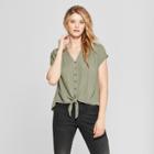 Women's Tie Front Short Sleeve Blouse - Universal Thread Olive (green)