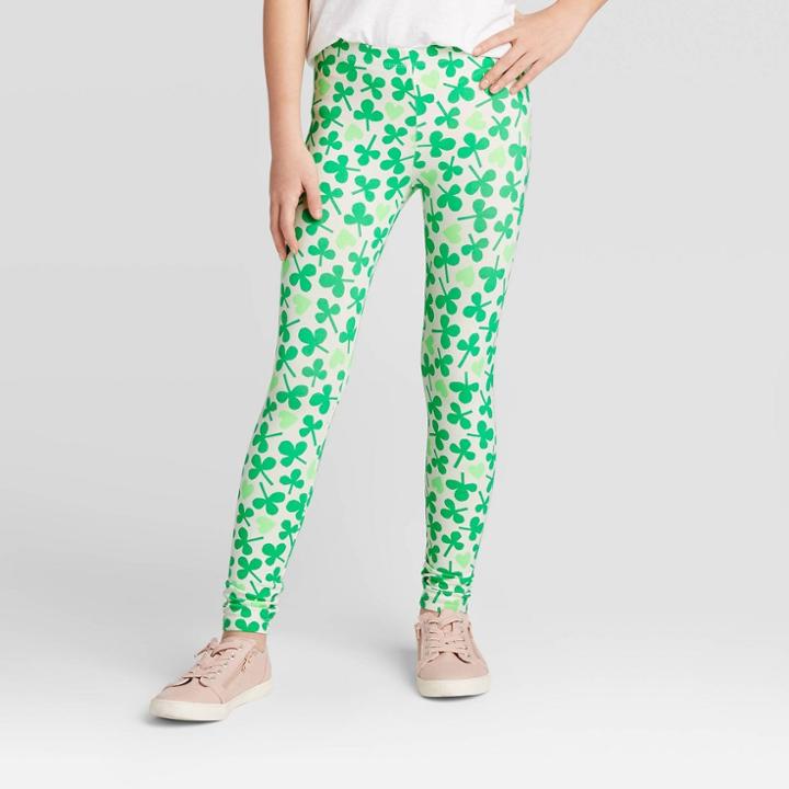 Girls' Shamrock Print Leggings - Cat & Jack Cream/green Xs, Girl's, Beige