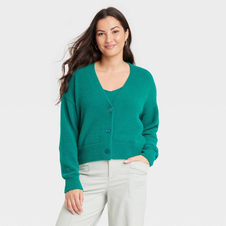 Women's Fuzzy Cardigan - A New Day Green